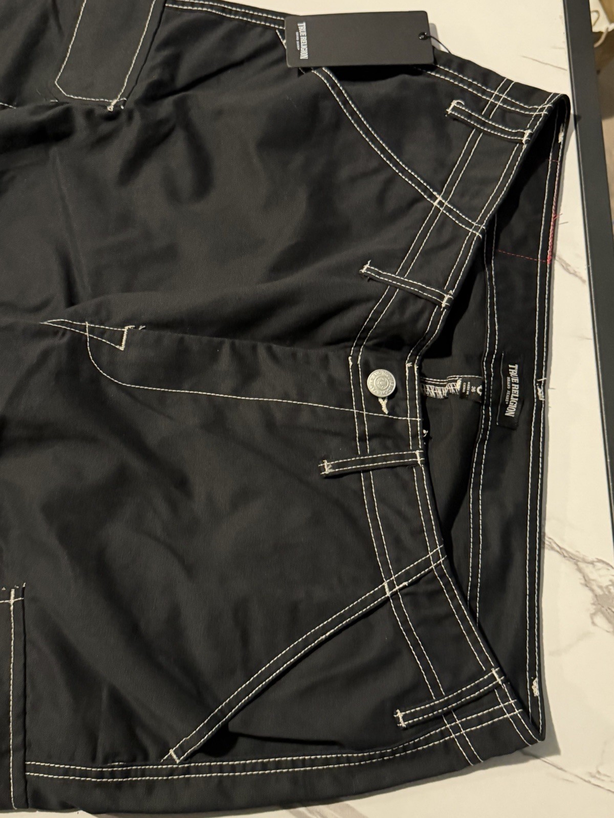 True Religion Men’s Black Cargo Pants 36 Flat Front Button Cargo Pockets Logo