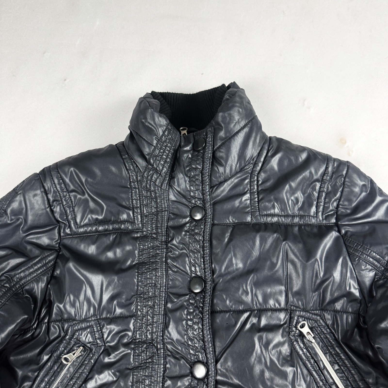 Womens Vintage Black Cropped Puffer Jacket Quilted Bubble Coat Y2K Streetwear