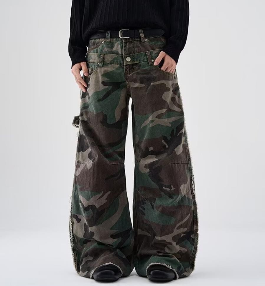 Men’s Straight Leg Army Green Camouflage Pockets Casual Punk Hip Hop Trousers