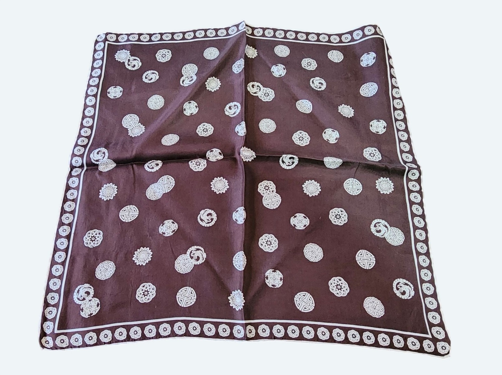 Brown White Silk Bandana Scarf Asian Circular Motifs Accessory Or Decor Piece Vt