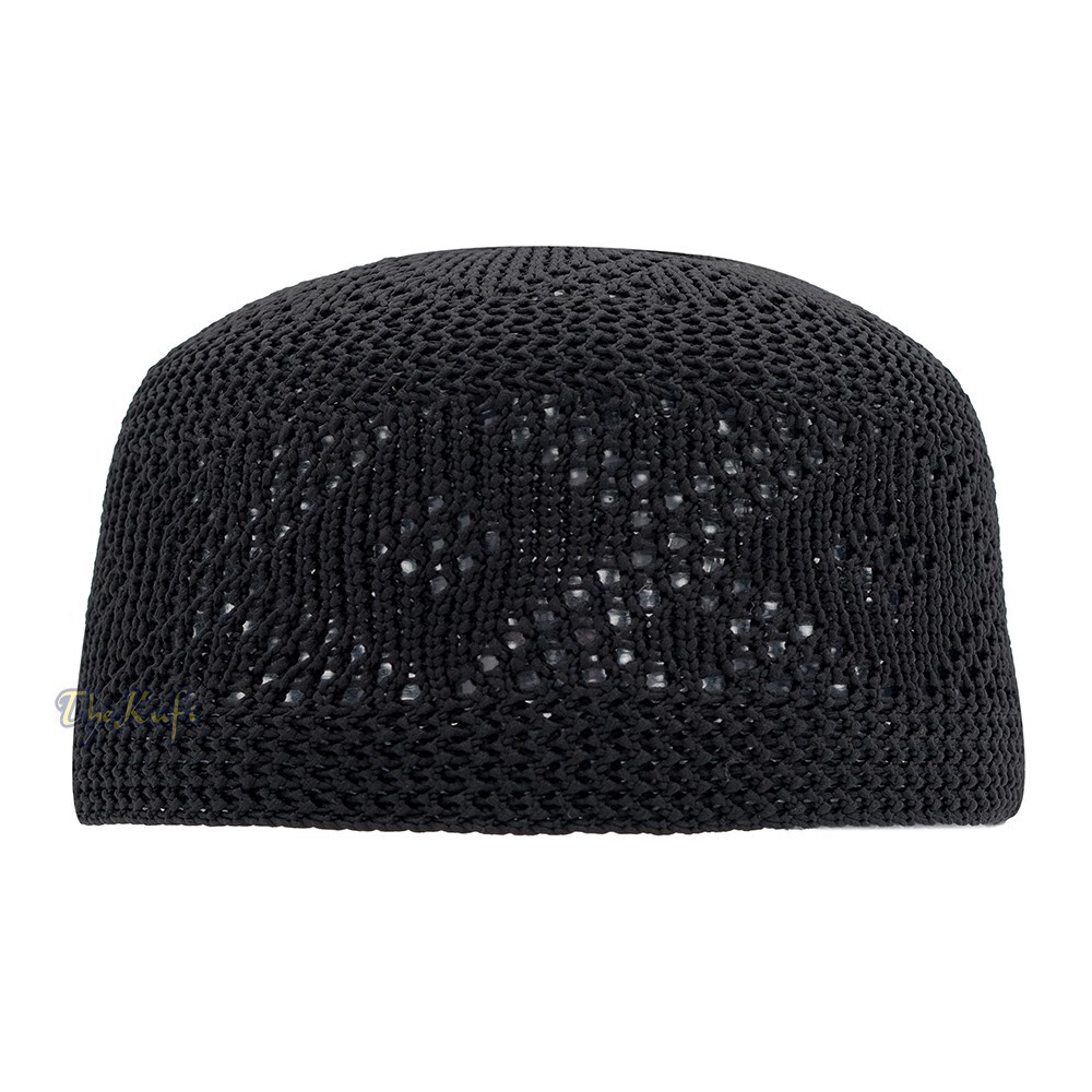 Black Nylon Kufi Skull Cap – Soft Breathable Hat with Open-Weave Diamond Pattern