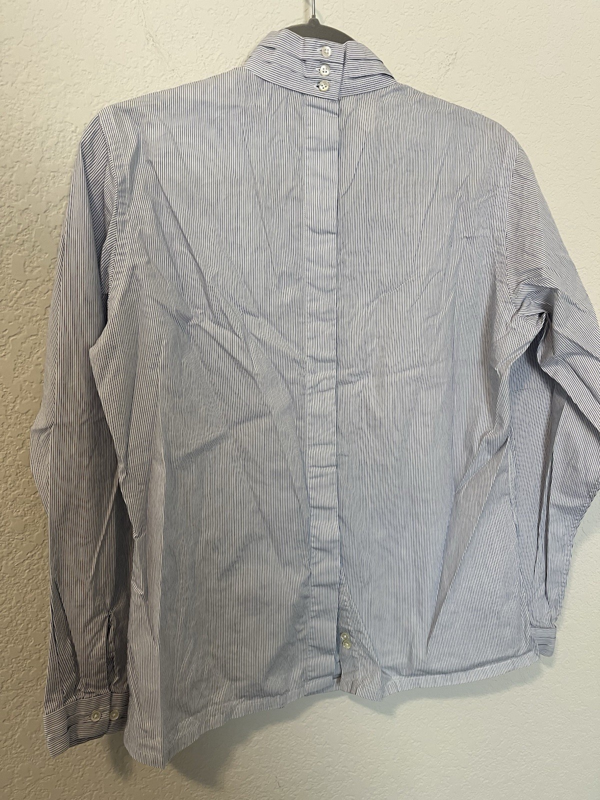 Lands End Blouse Women’s 8 Button Blue High Neck Long Sleeve Classic 100% Cotton