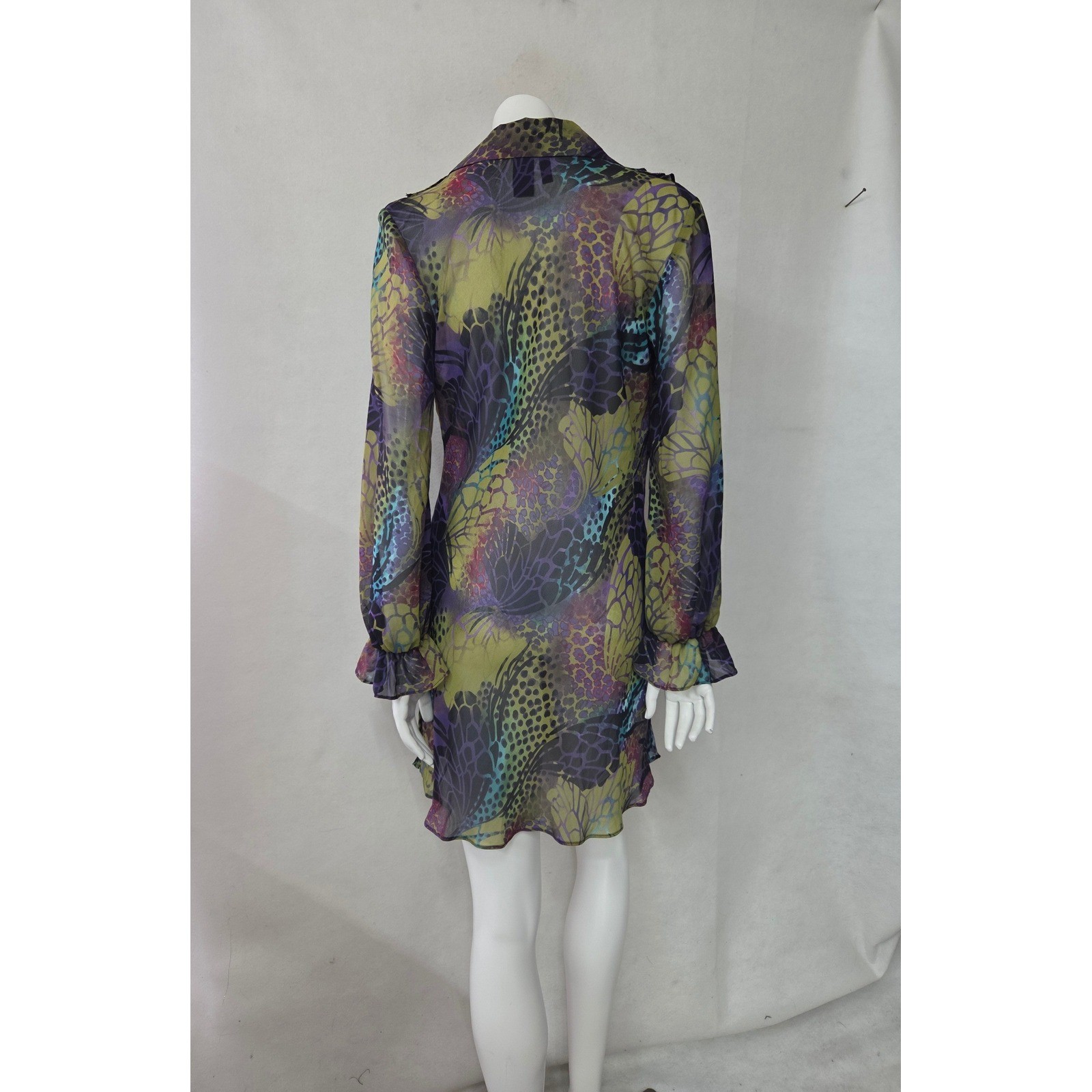 Bisou Bisou Tunic Blouse Womens S Purple Green Sheer Mesh Ruffle Butterfly Print