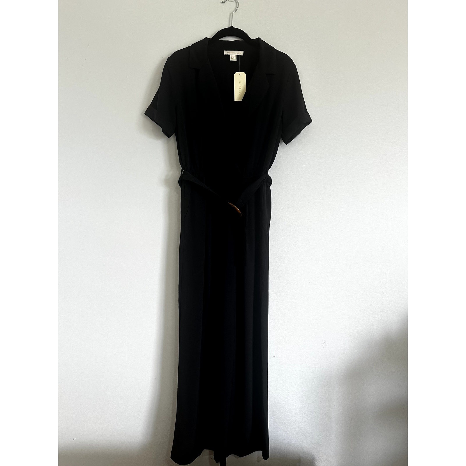 Monteau Los Angeles Black Wide Leg Belted Jumpsuit Collared Short Sleeve M