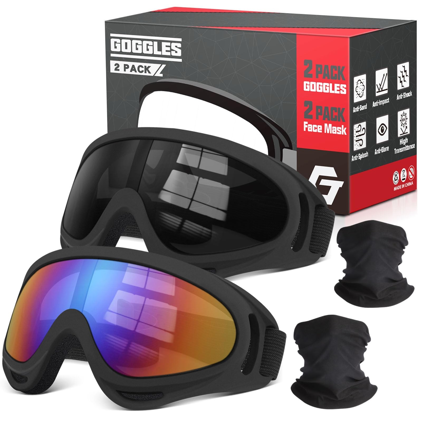 Dirt Bike Goggles, 2Pack Motorcycle ATV Goggles AntiImpact Motocross Ski Wind…