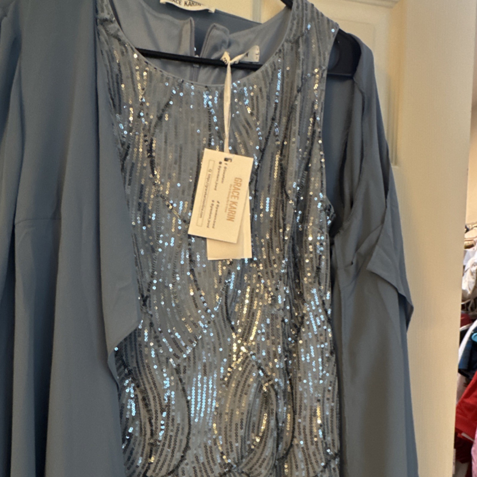 Grace Karin Women’s Blue Sequin Knee-Length Dress with Open-Front Jacket Set