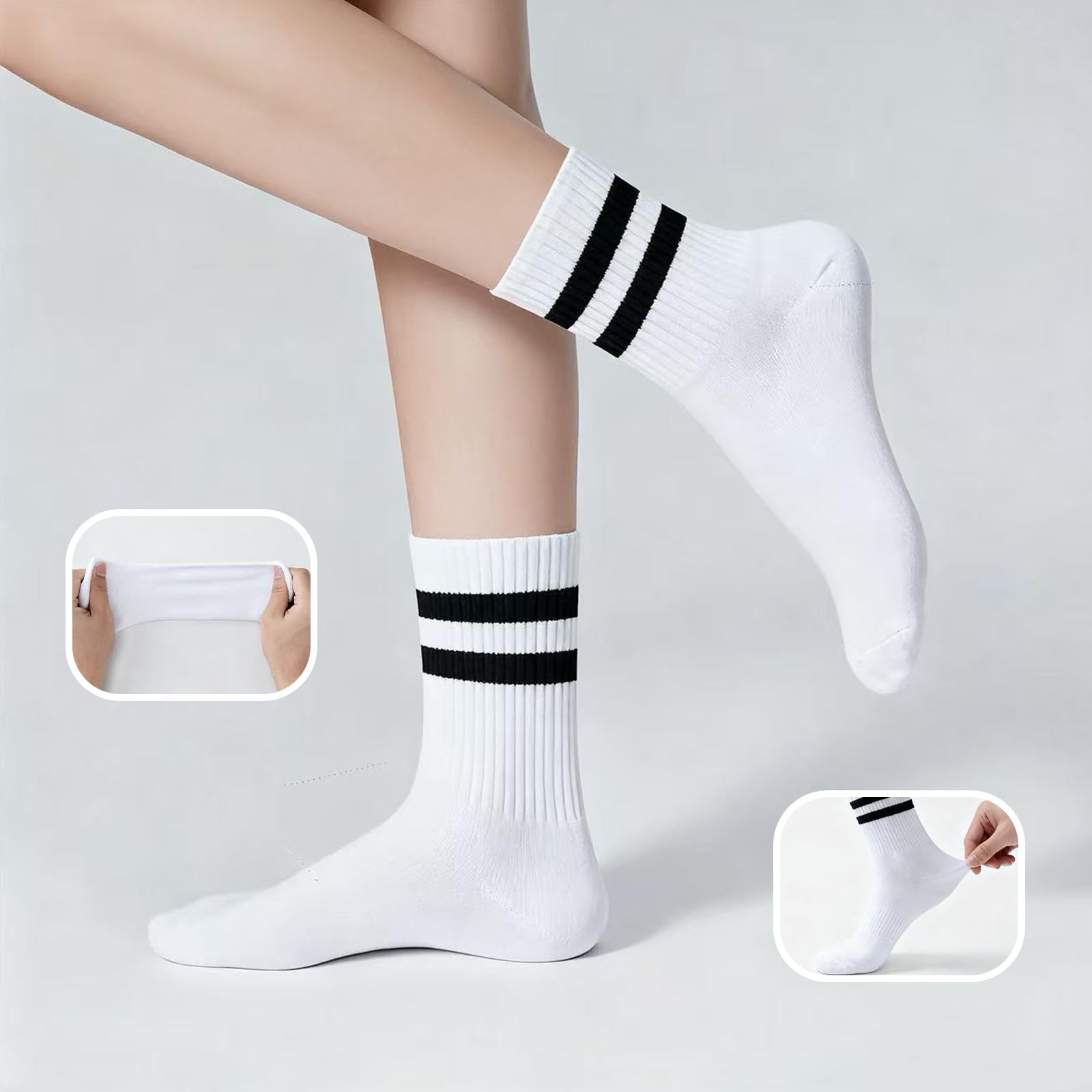 4 Pairs Womens Striped Crew Socks, Cozy Cute 4 Pairs-black/Grey/Khaki/Coffee