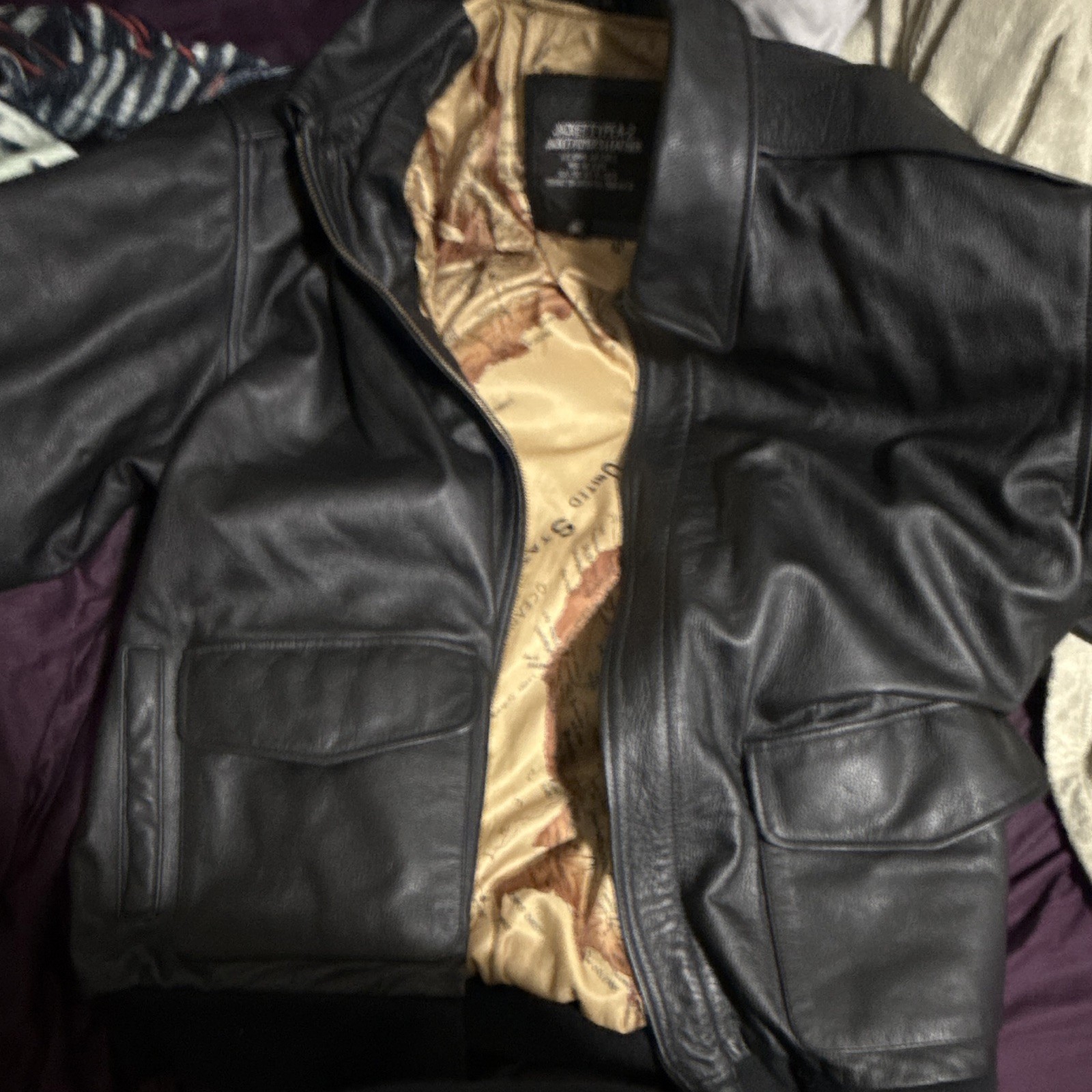 Men’s Black Leather A-2 Bomber Jacket Army Theme Full Zip Short, Size 2XL