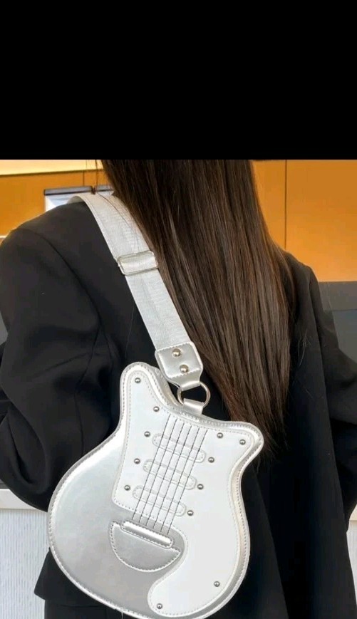 Music Lovers Trendy Guitar C/ B Bag, Fun For All Ages Silver & White Faux Leathe