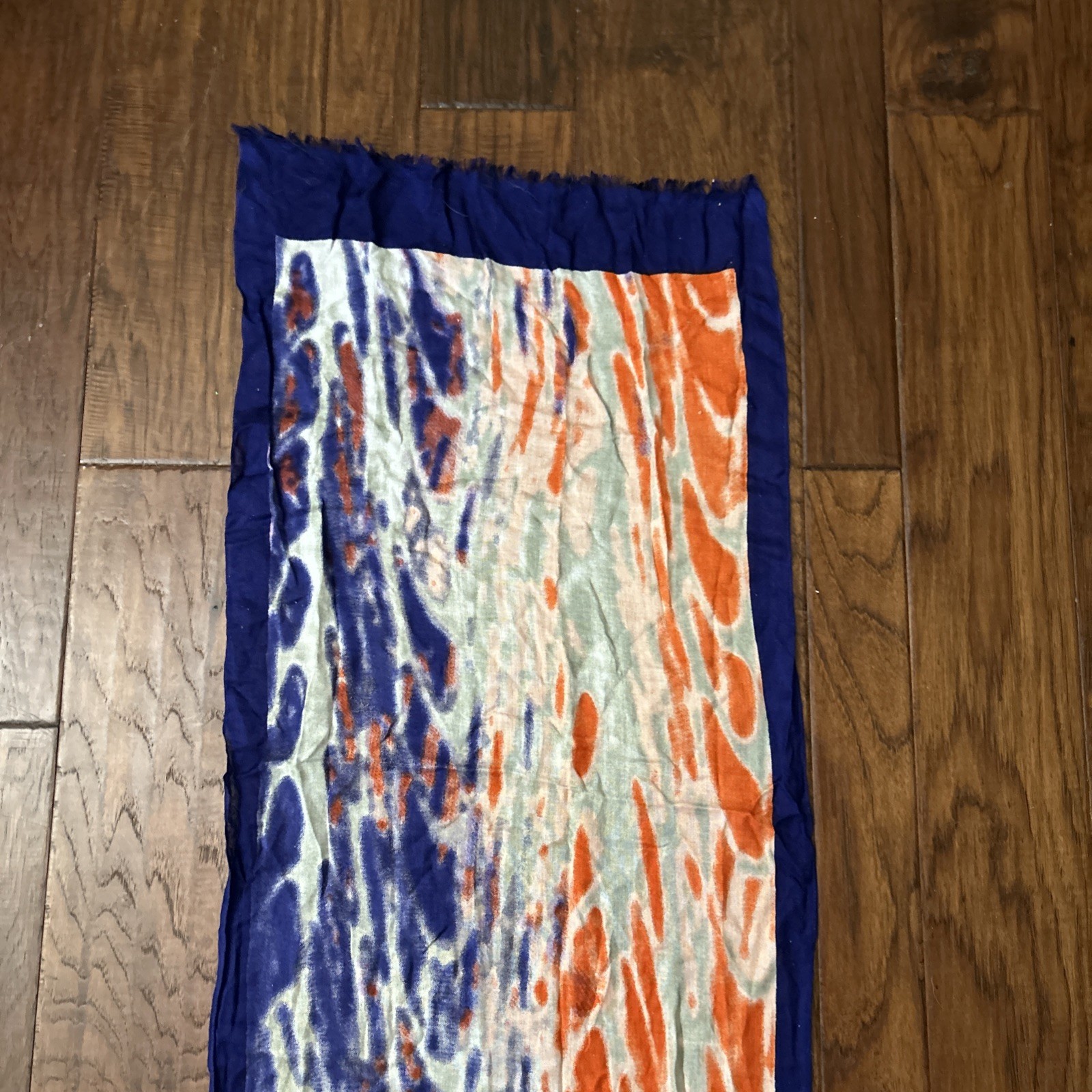 Blue Purple And Red abstract Ty Dye pattern semi-sheer long scarf fringe ends.