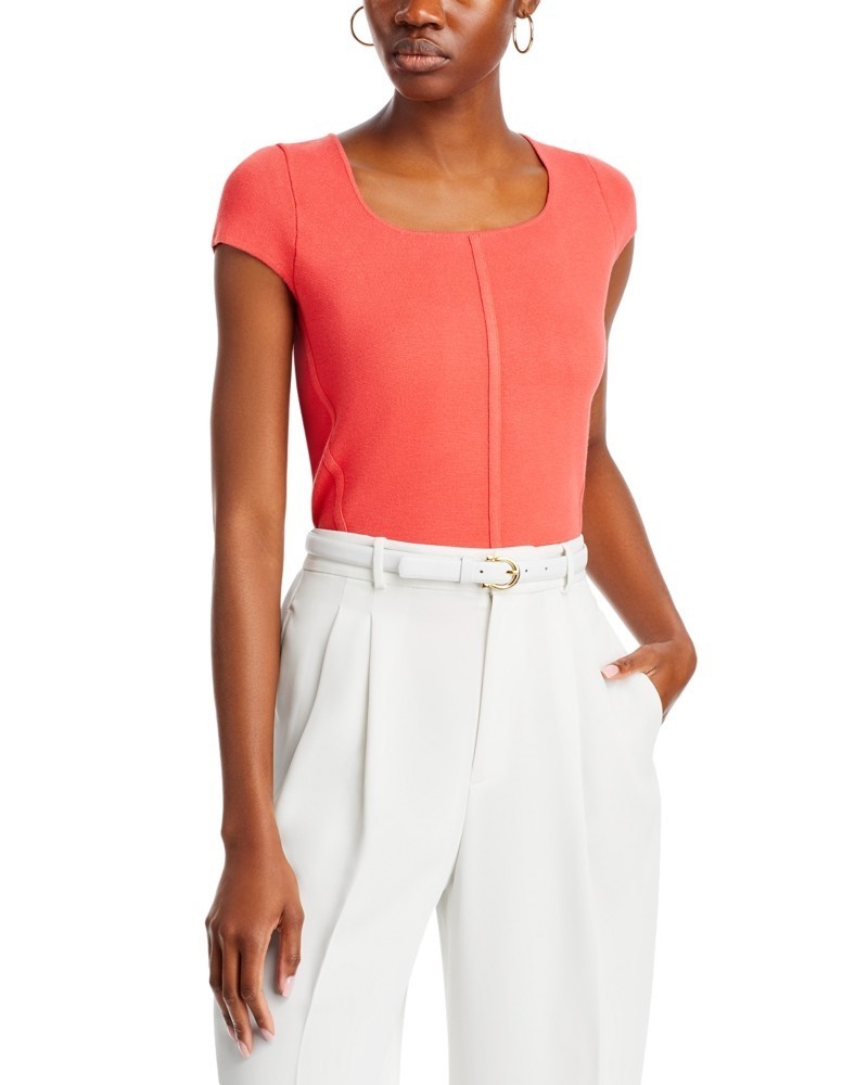 T Tahari Cap Sleeve Sweater Women’s S Hibiscus Red Solid Scoop Neck Pullover~