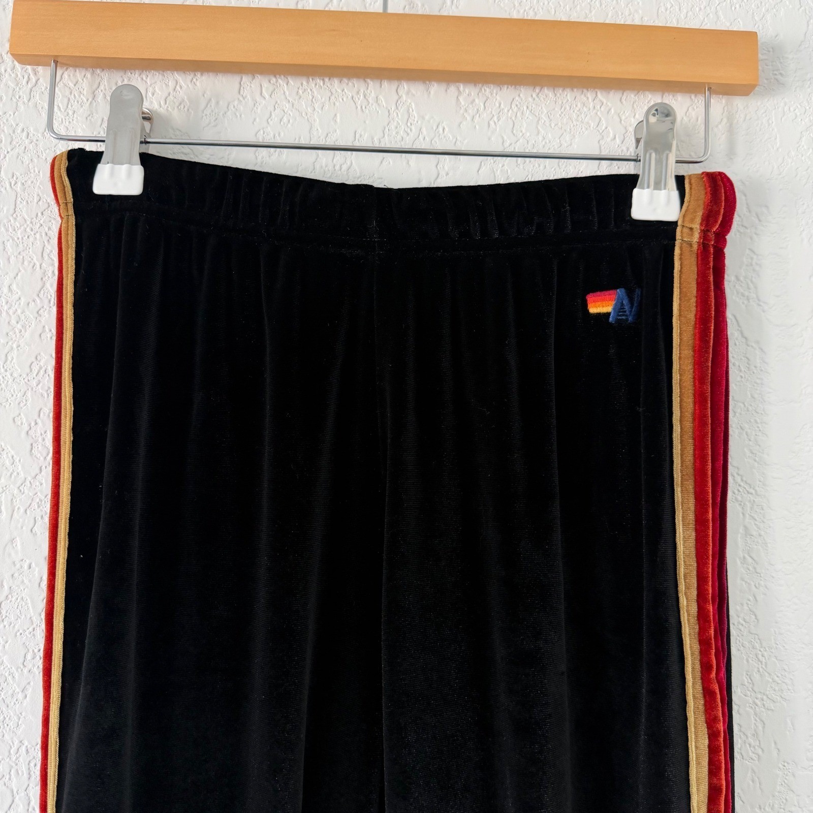 Aviator Nation Black Velvet Rainbow 5 Stripe Jogger Sweatpants Womens XS