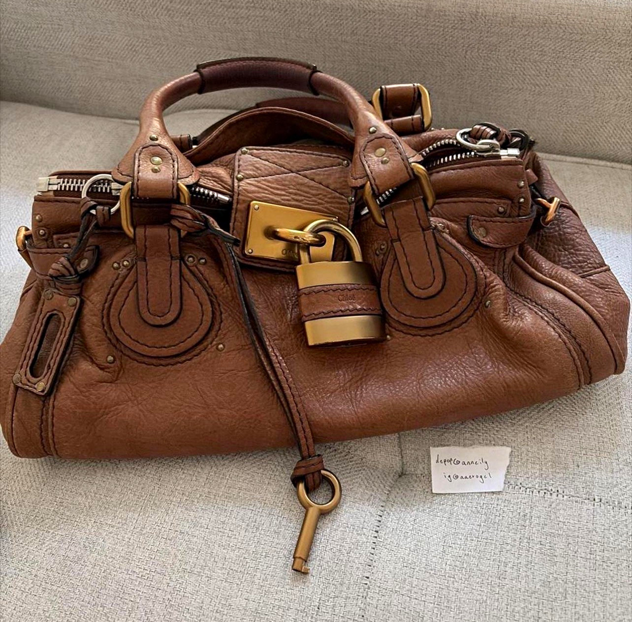 Chloé Brown Satchel Padlock & Key, Studded Bottom, Zip Closure, Gold/Silver