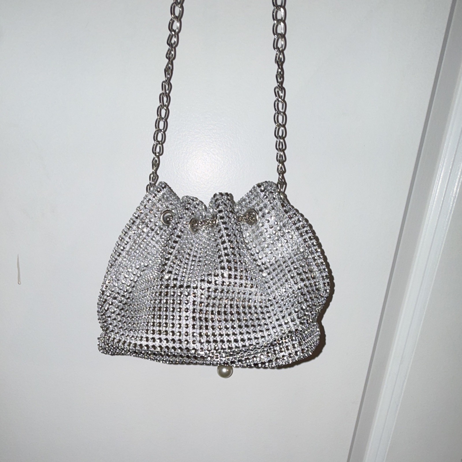 Silver Rhinestone Drawstring Evening Bag Chain Strap, Pearl Bow Accents Lined