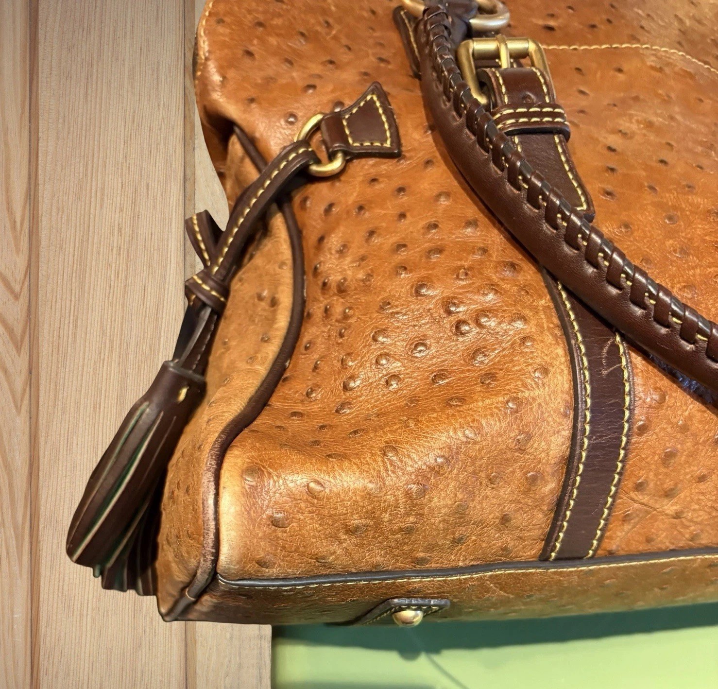 Dooney Bourke Chestnut Cognac Brown Ostrich Embossed Leather Large Satchel Bag