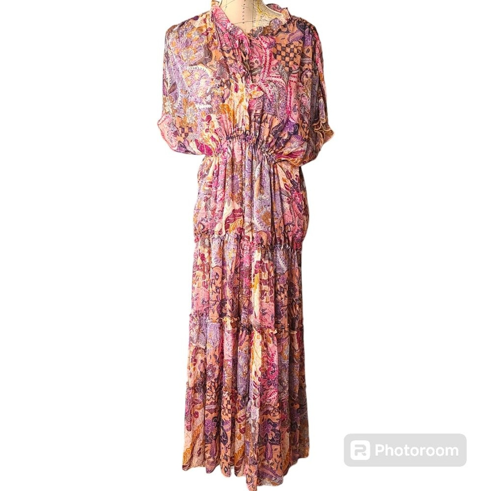 MISA Los Angeles Size Large Ilya Boho Pink Batik Sheer Short Sleeve Midi Dress