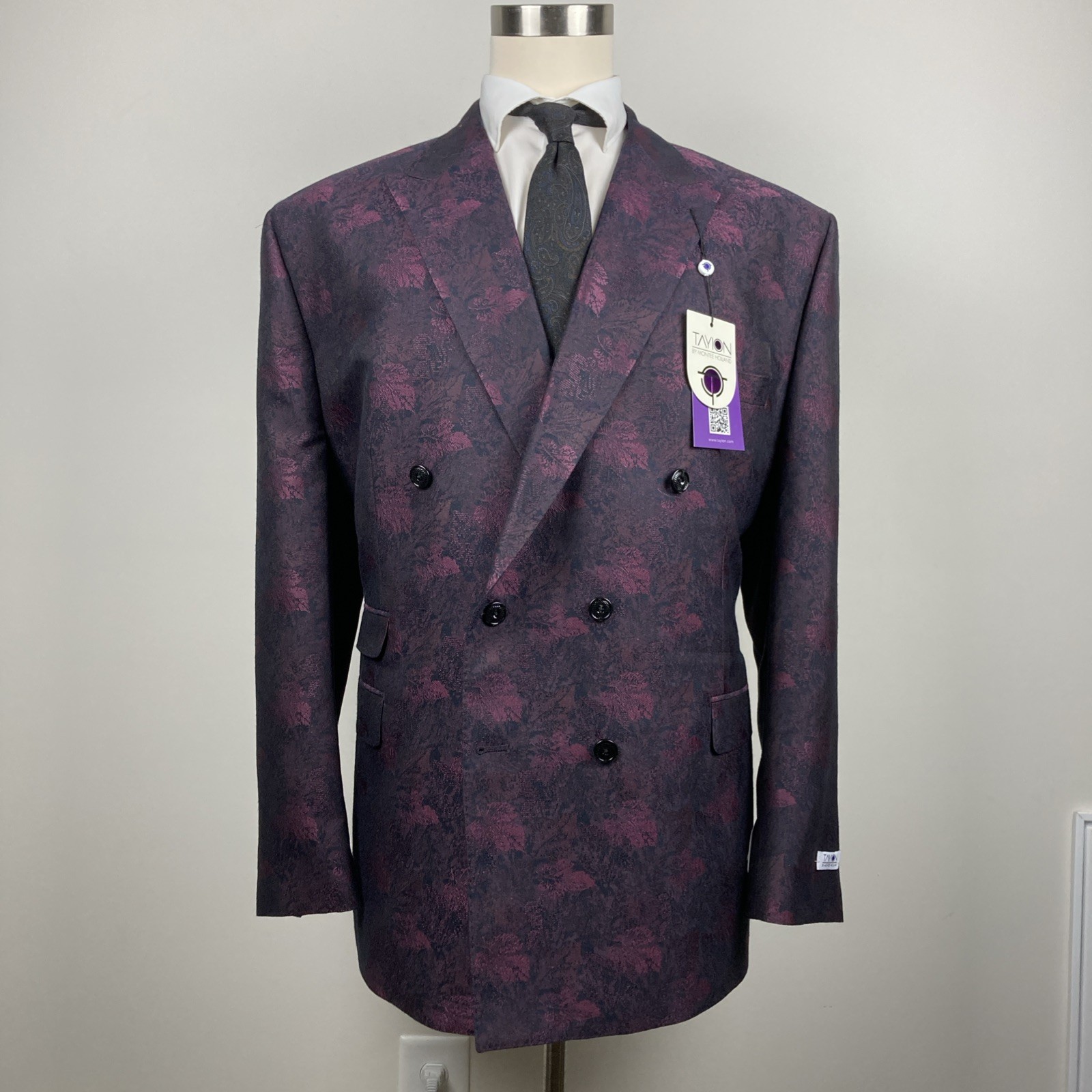 Tayion Mens Classic fit Double Breasted Dinner Jacket 52R Wine Black Floral