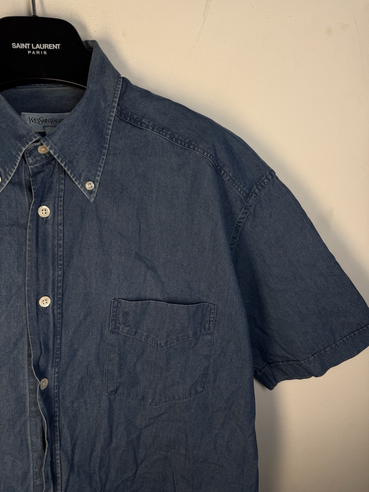 90s YSL Denim Shirt Jeans Short Sleeve Button Up Yves Saint Laurent Summer Shirt
