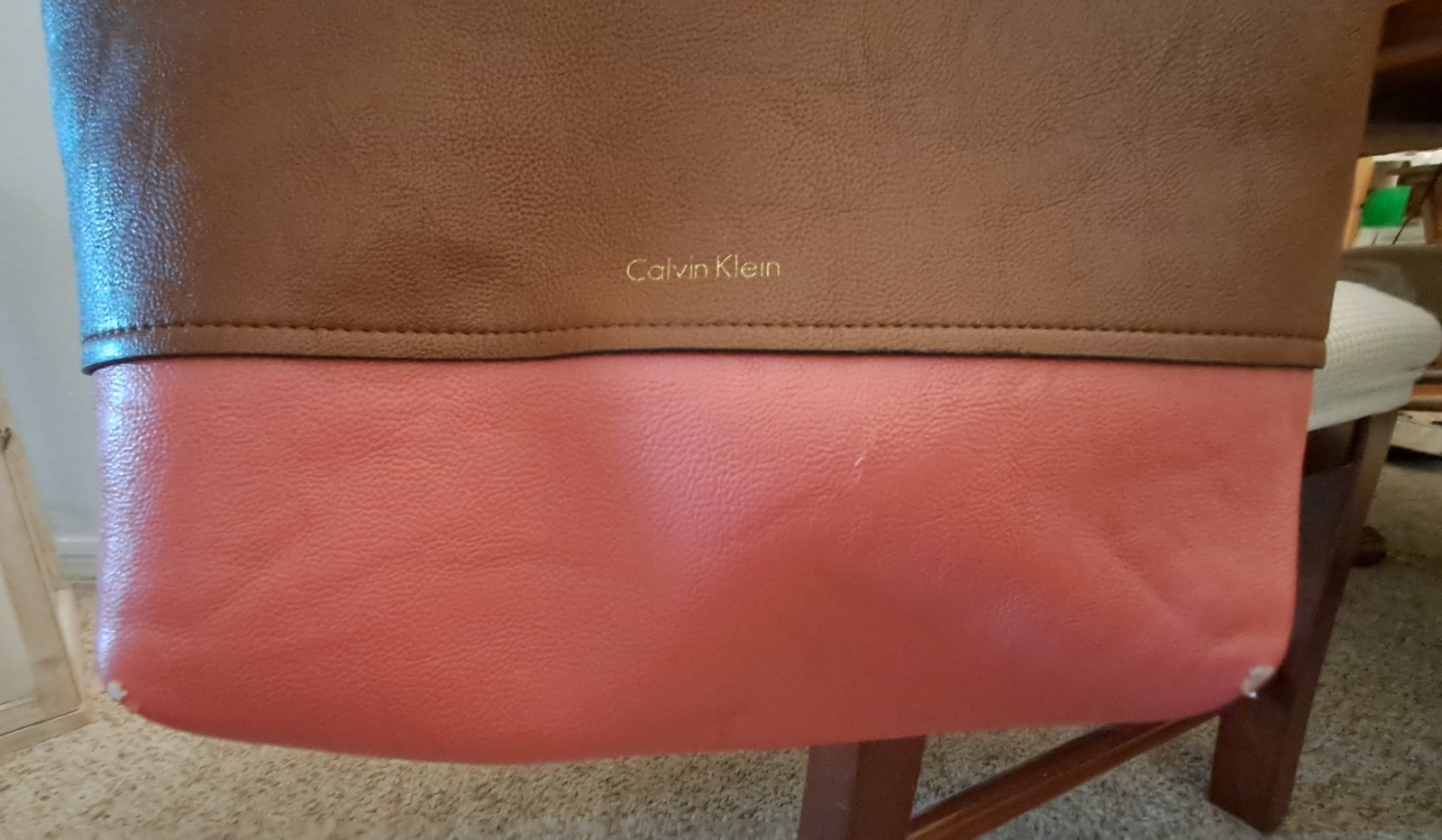 Calvin Klein Brown & Coral Colorblock Large Tote w/ Detachable Strap & Pouch