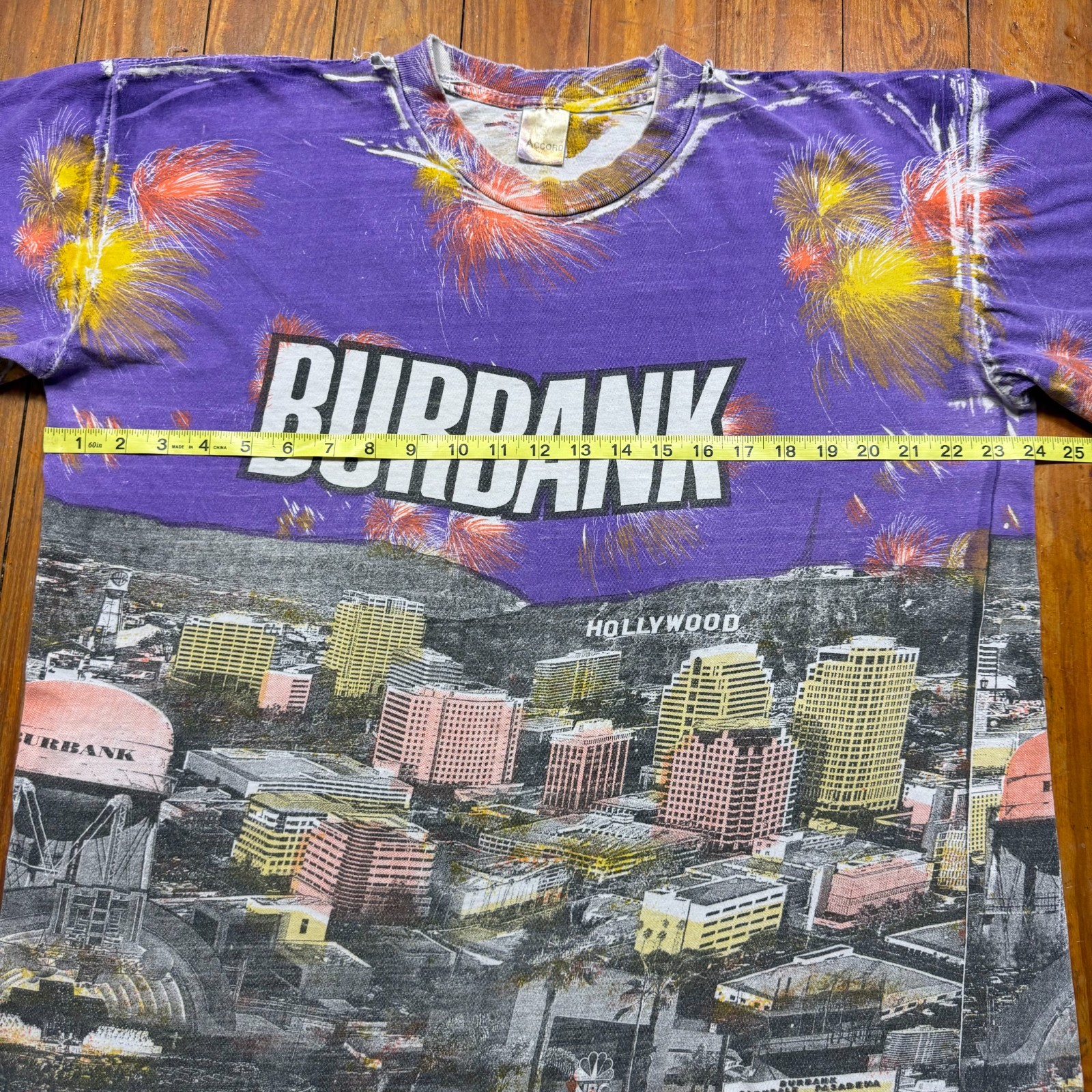 Vintage Burbank California All Over Print Shirt Mens Size XL Purple 90s
