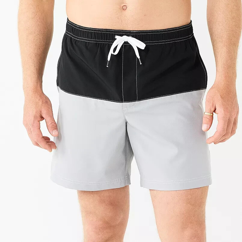 Black Gray Swim Trunks XXL 7″ Inseam Full Elastic Waistband Beach Sonoma New