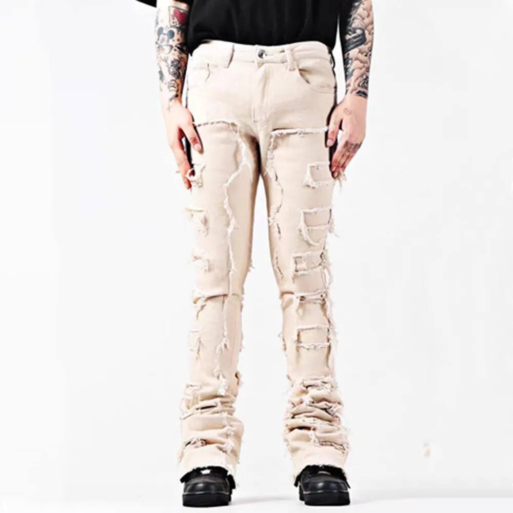 Men Fashion Jeans Street Stretch Patch Skinny Denim Straight Stacked Slim Pants