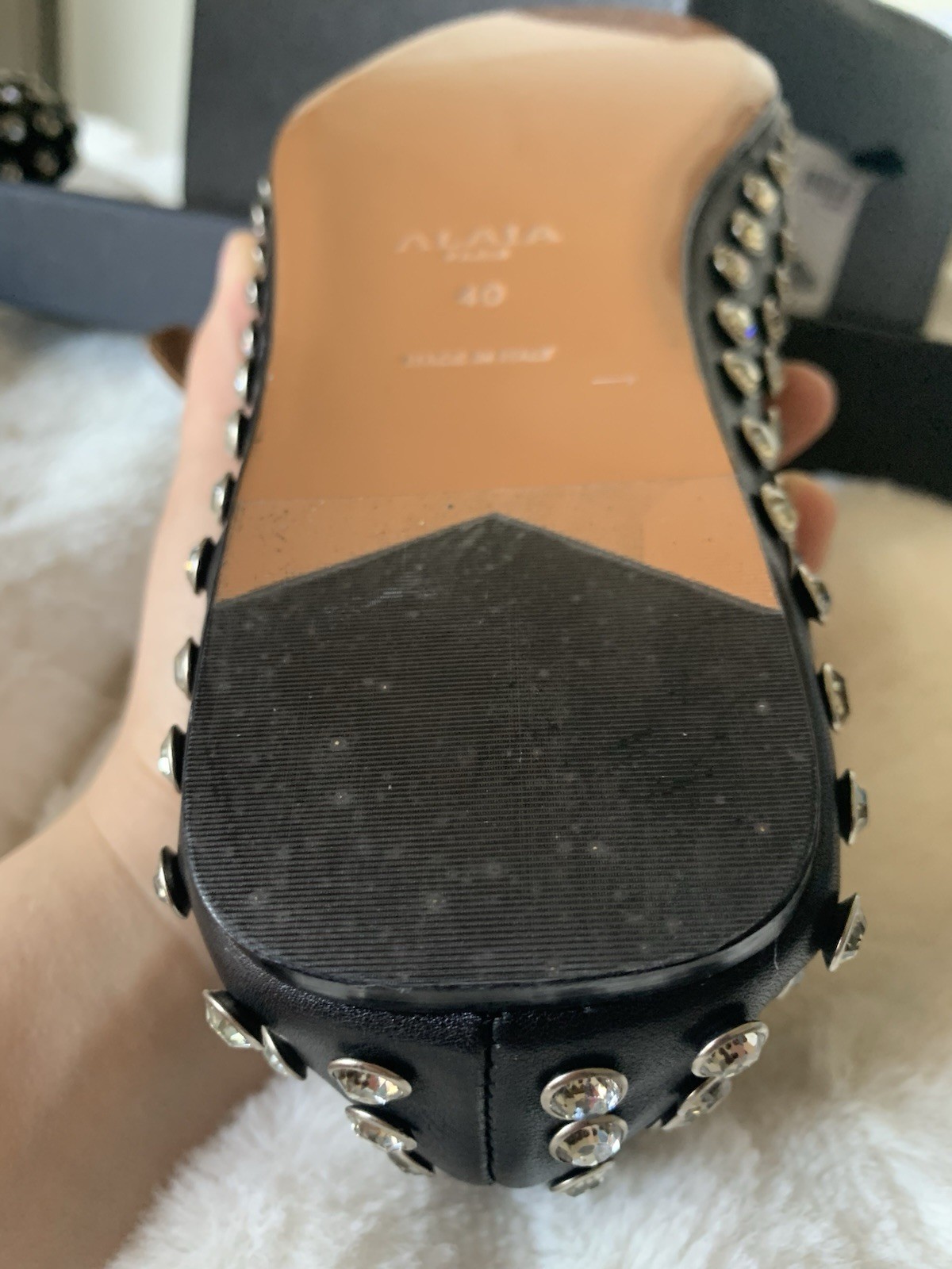 Alaia Mary Jane Strap Leather Rhinestone Crystal Ballet Flat Size 40 US 9 Black