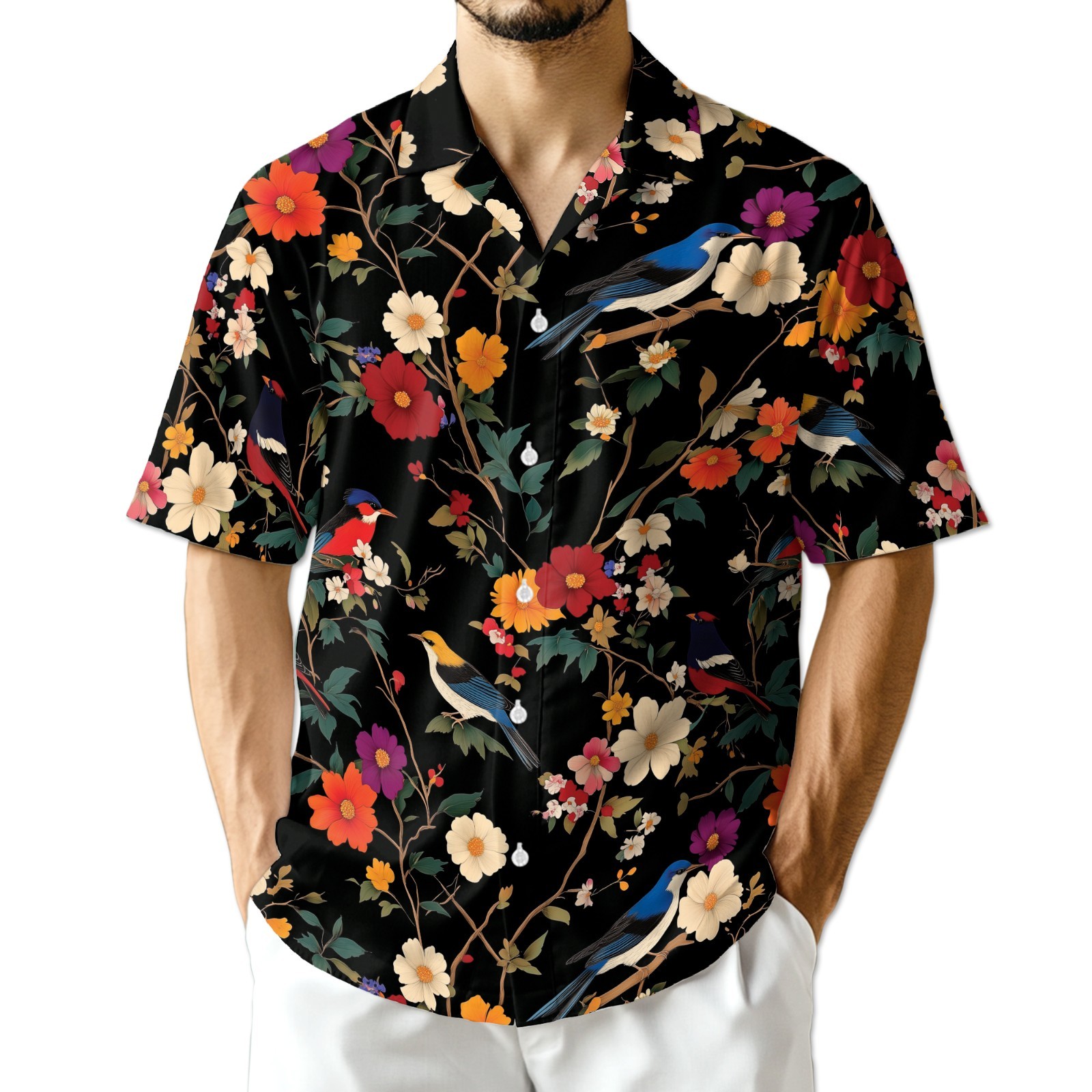 Bird Flower Hawaiian Shirt Tropical Floral Summer Button Up Gift