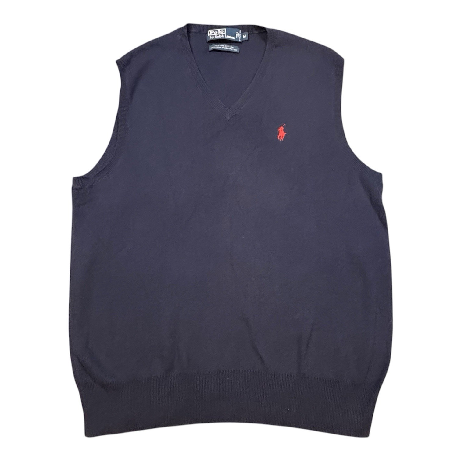 Polo Ralph Lauren Men Medium Navy Blue Pima Cotton Pullover Vest Sweater V-Neck
