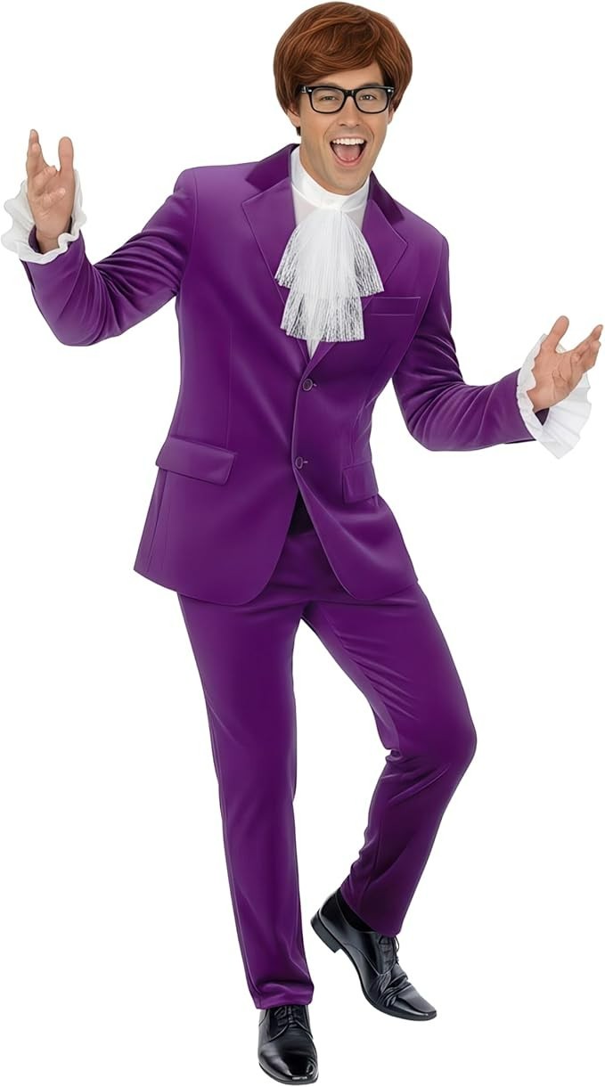 Men`s 60s Austin Powers Costume + Wig Glasses Adult Purple Gigolo Suit M – XL