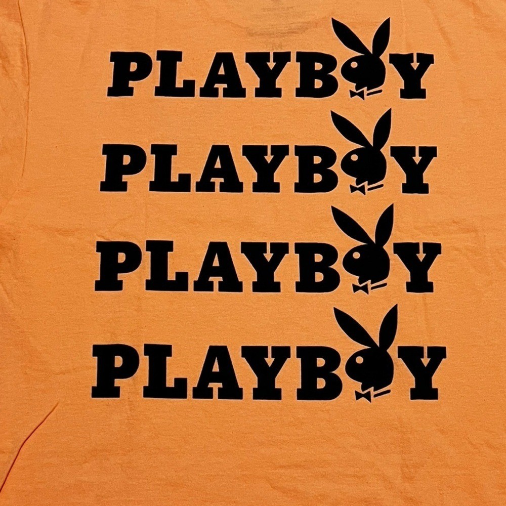 PLAYBOY men’s graphic print shirt orange Tee Black Logo size medium