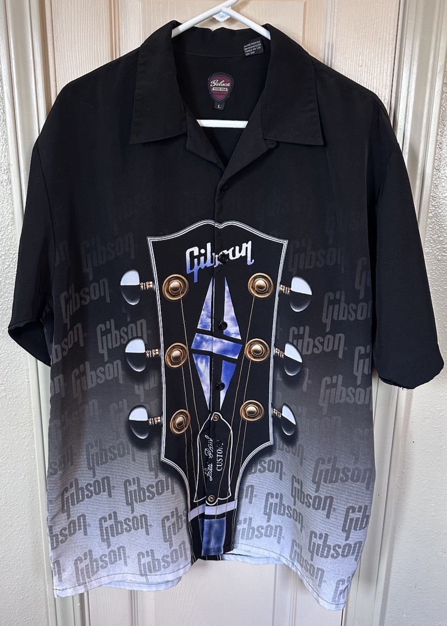Gibson Tour Wear Les Paul Mens Lg Black Guitar Short Sleeve Full Button Shirt