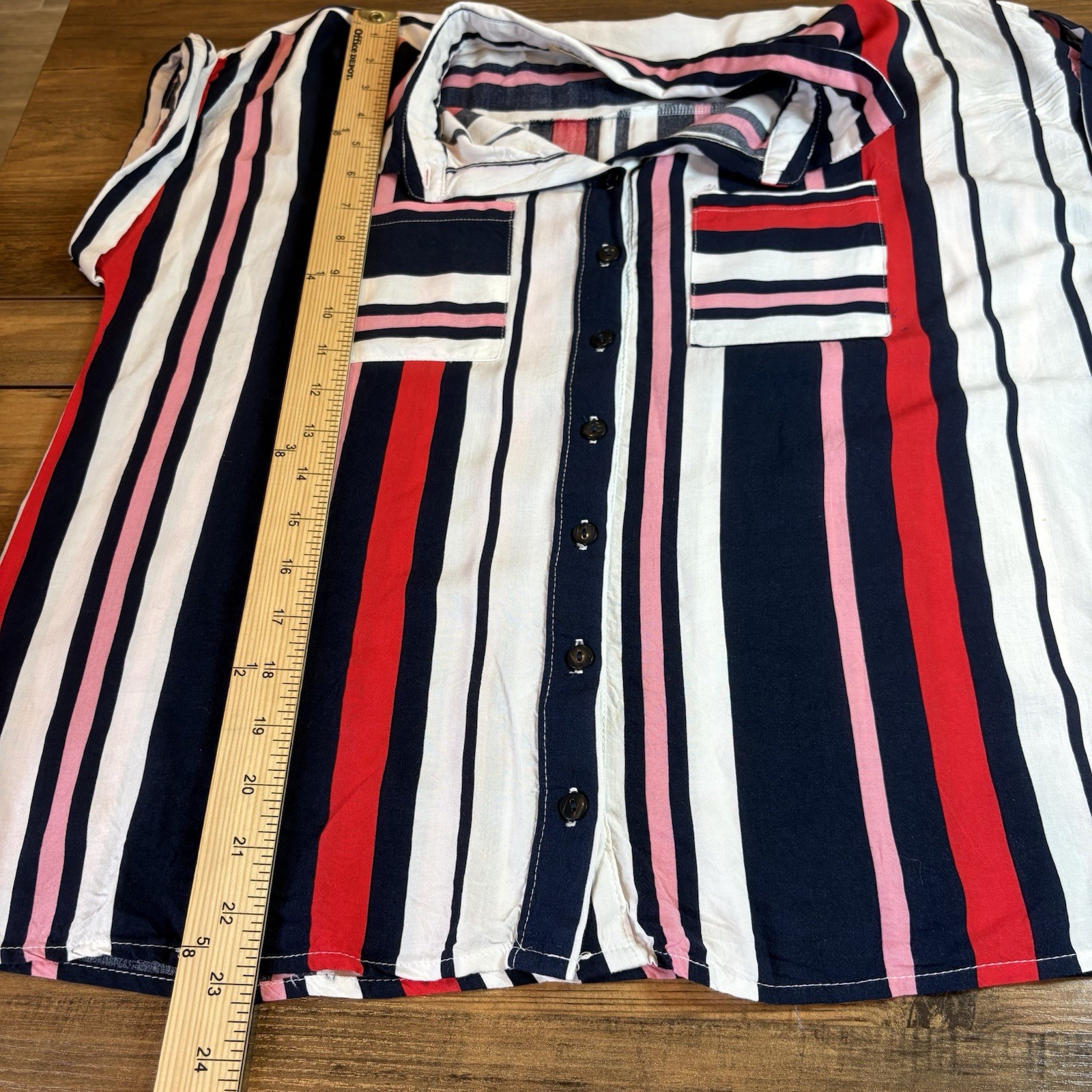 Love Notes Women’s Large ~ Red Pink Blue White Striped Button Up Blouse