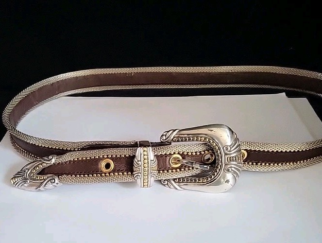 Cowgirl Belt Metal Mesh and Leather Size M Silver And Gold Metal Trim & Buckle