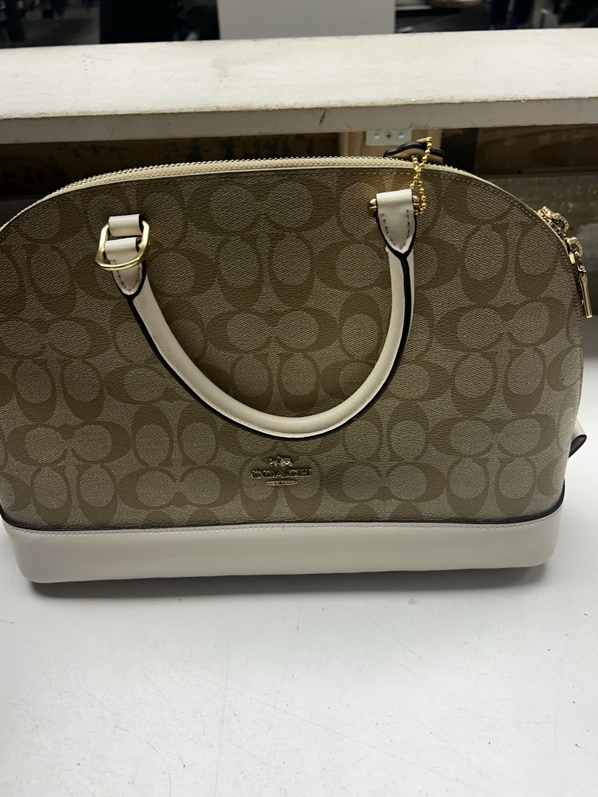 Coach Signature Small Dome Satchel Zip Top Handle Detachable Strap Beige White