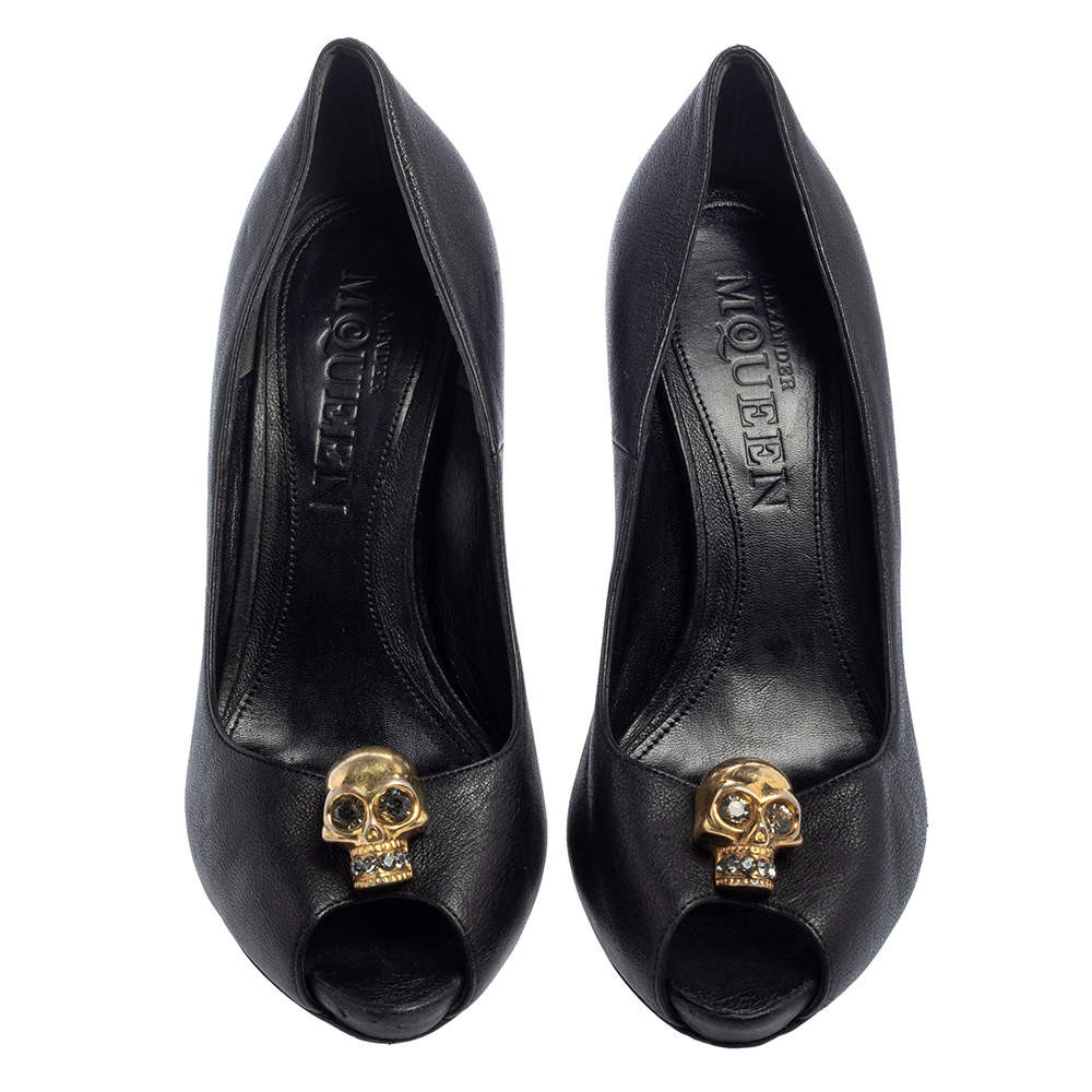 Alexander McQueen Black Leather Skull Embellished Peep Toe Pumps Size 37