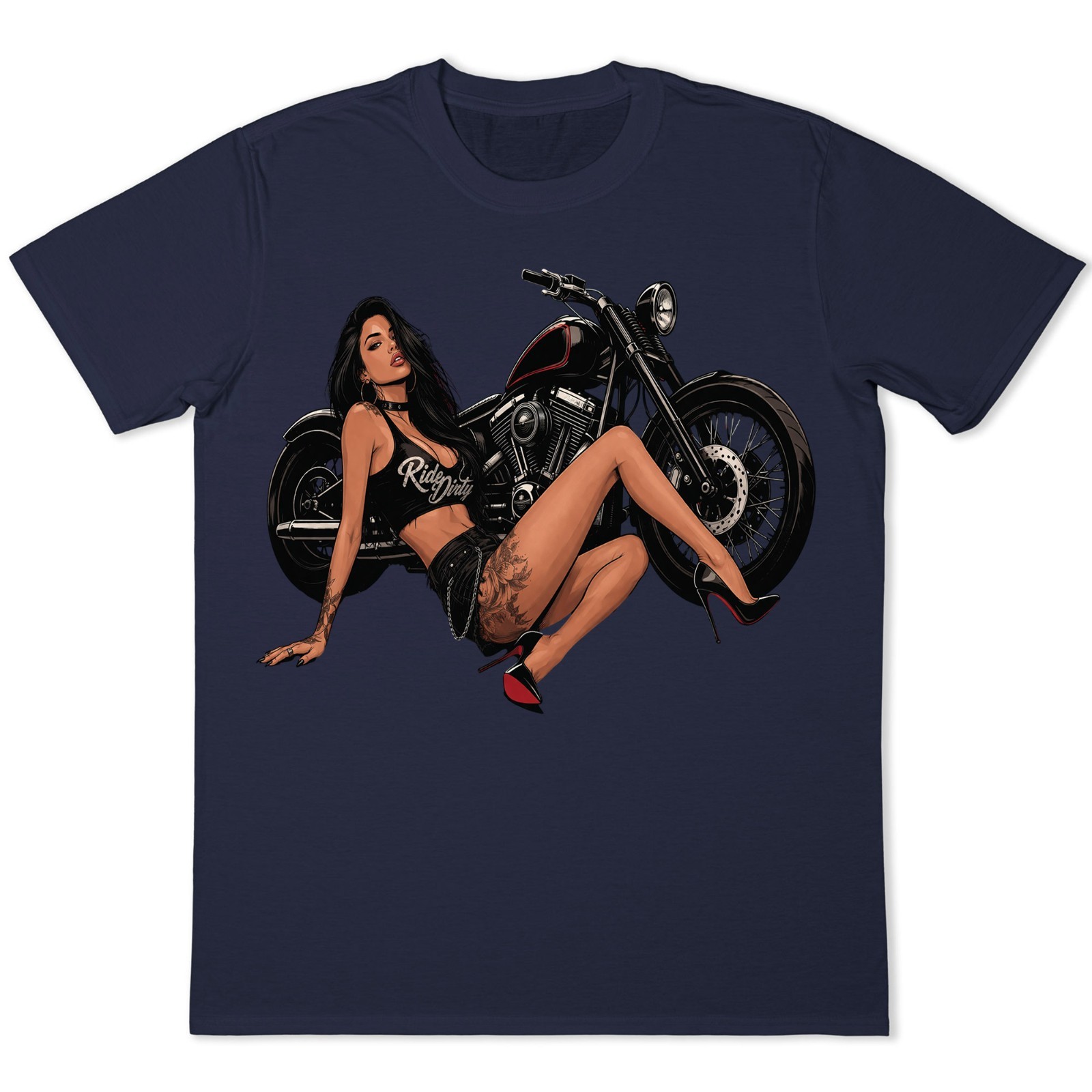 Ride Dirty Pinup Girl Biker T-Shirt Motorcycle Tattoo Babe Graphic Tee .