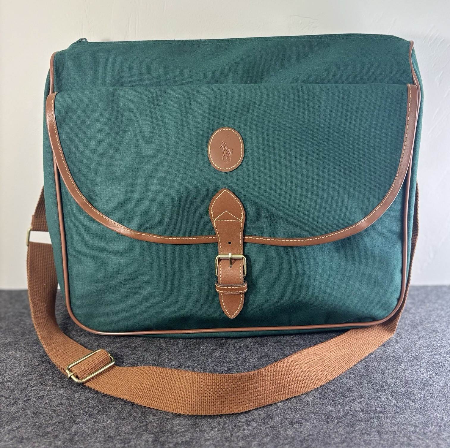 Vintage Polo Ralph Lauren Green/Brown Solid Messenger Bag Buckle & Zip