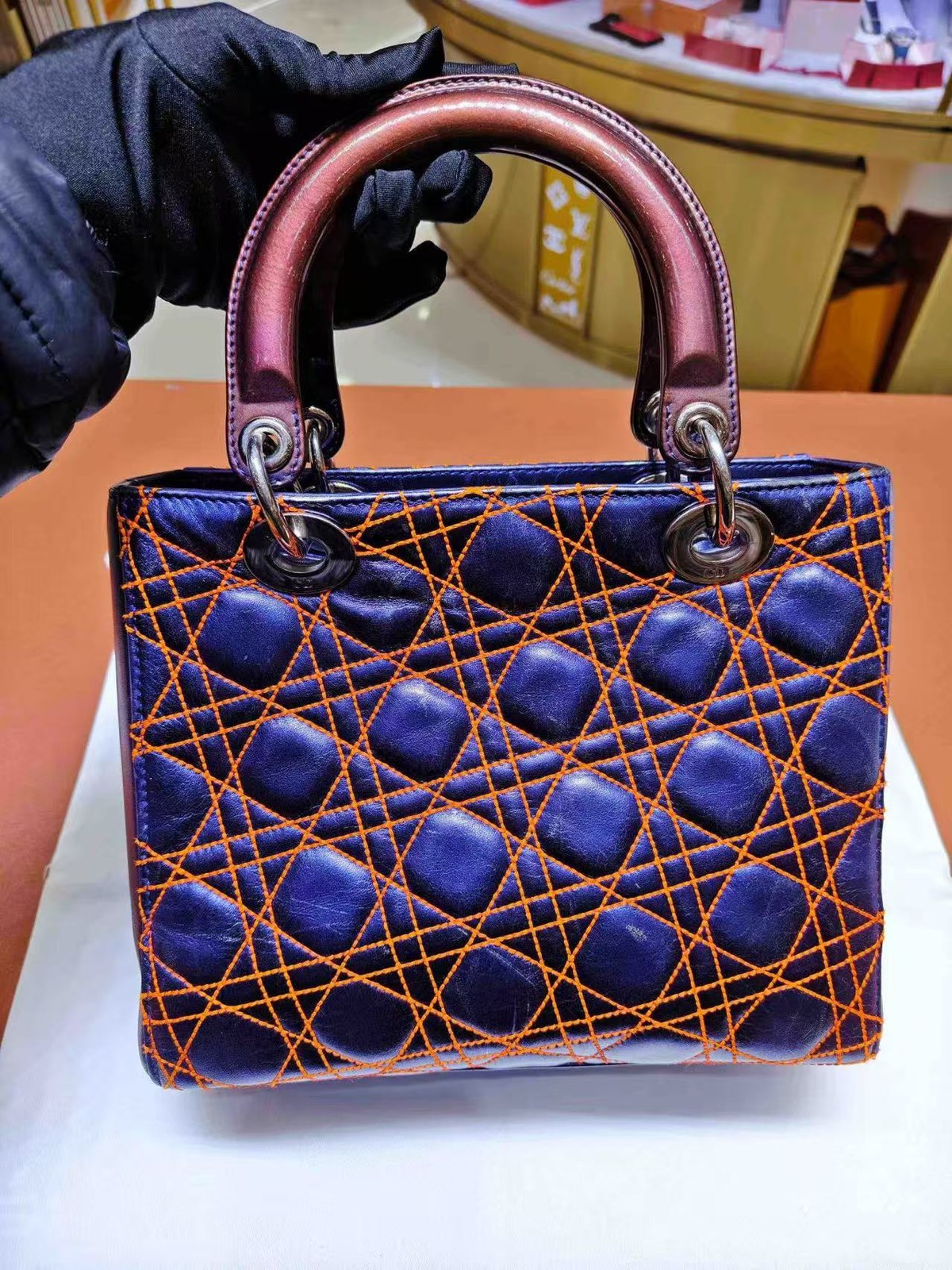 Dior Lady Dior Small Blue Calfskin Orange Stitching Cannage Handle/Crossbody Bag