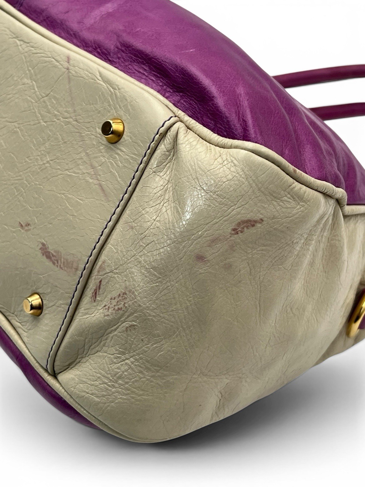 Vintage Roberta Gandolfi Italian Leather Bowler Bag Purple Beige Y2K Purse Tote