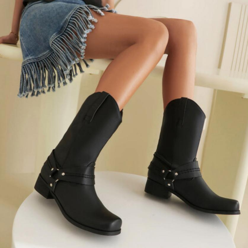 Vintage Women’s Square Toe Mid Calf Boots Fashion Chunky Heel Chelsea Shoes New
