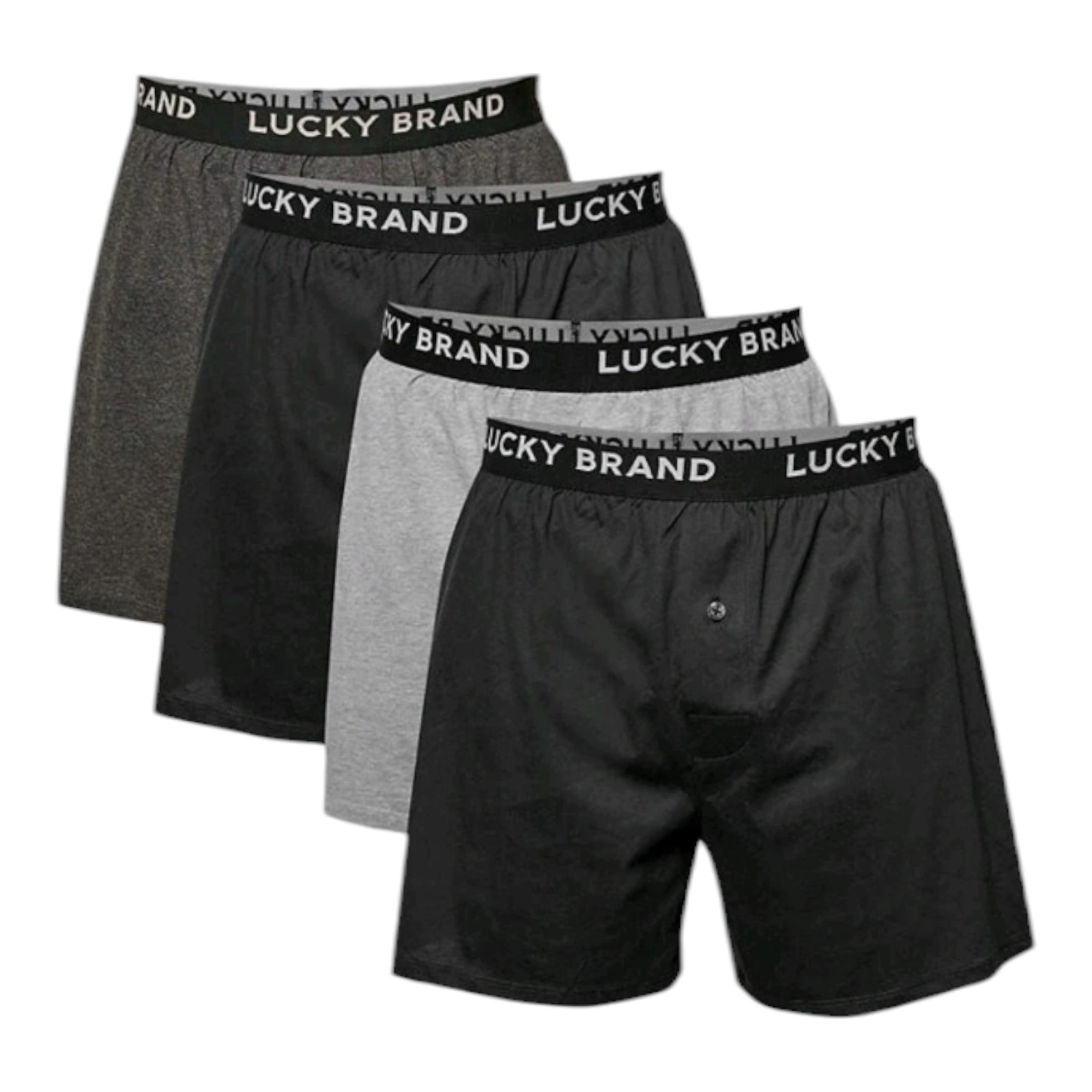 Lucky Brand Men’s 4-Pack Relaxed Fit Soft Knit Boxers | Black/Grey | 2XL