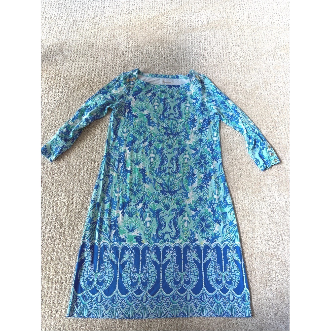 Lilly Pulitzer Blue & Green Mermaid and Seahorse Print Dress Size S