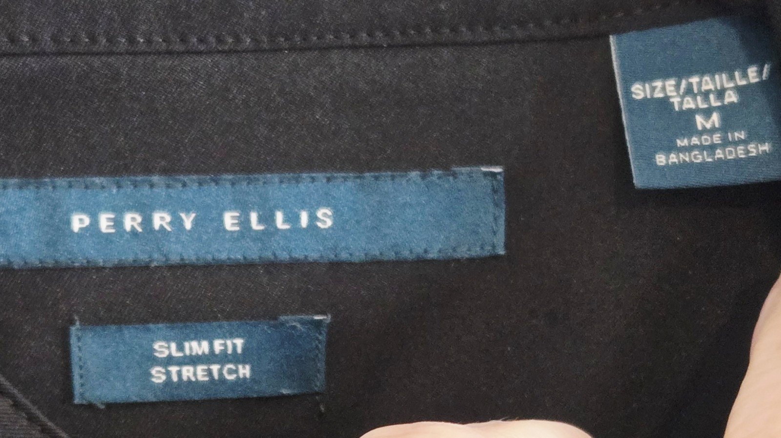Perry Ellis Shirt Medium Black Banded Collar Untucked Slim Fit Stretch Modern