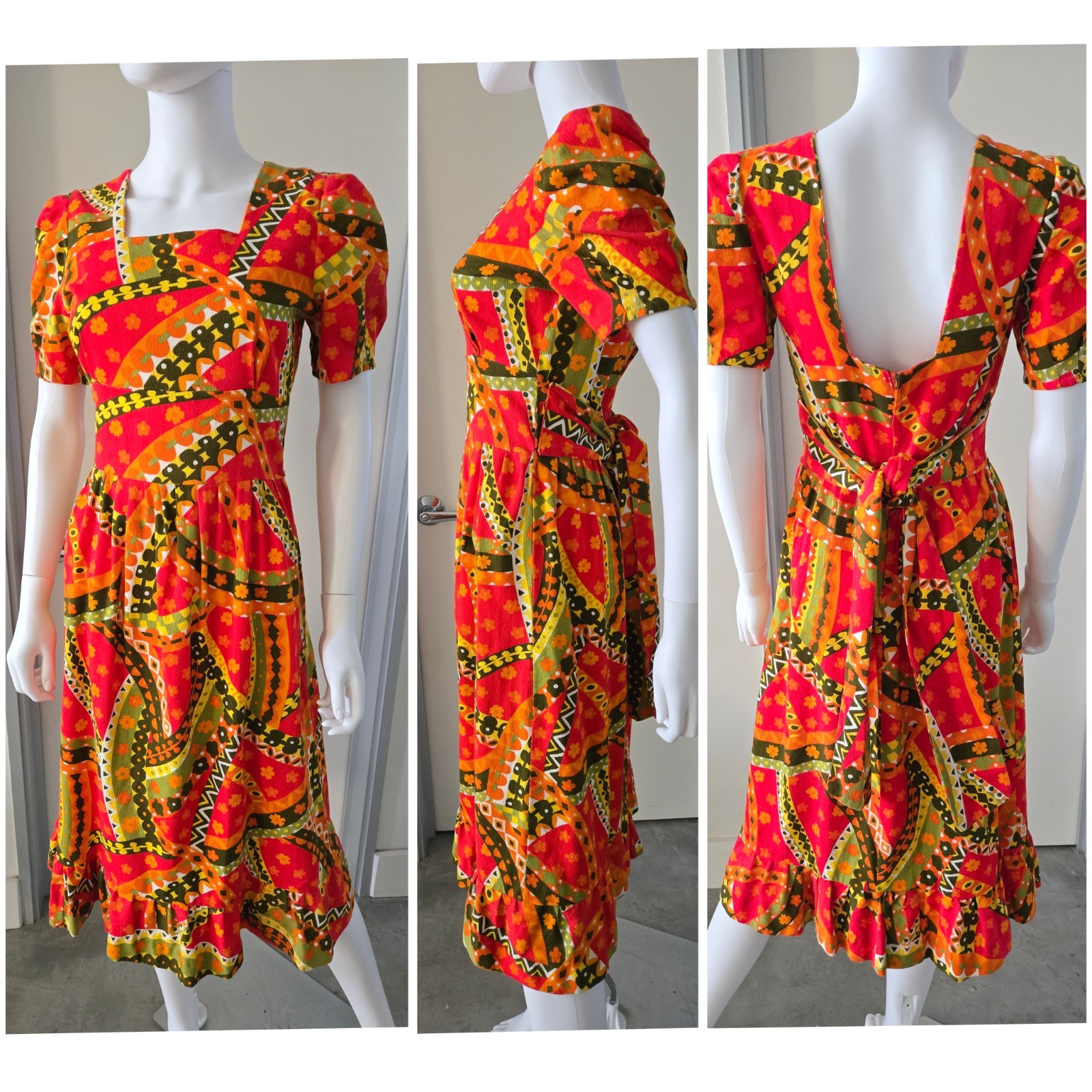 VTG 60s Psychedelic Midi Muumuu Hawaiian Dress Tiki 70s Ruffles Tiered Barkcloth
