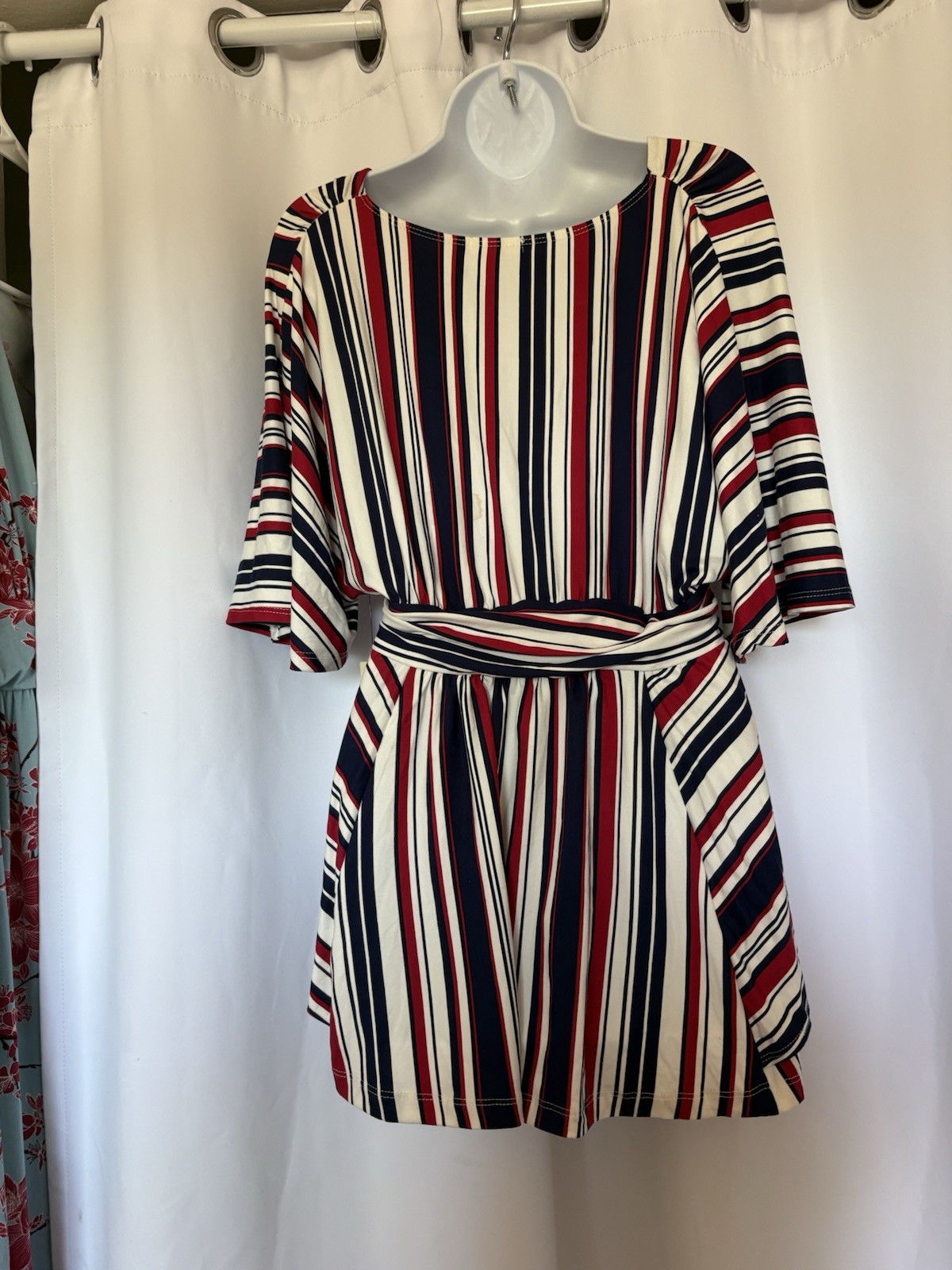 KIYONNA 1X Plus Belted Striped top V-Neck Red/White/Blue Poly Blend