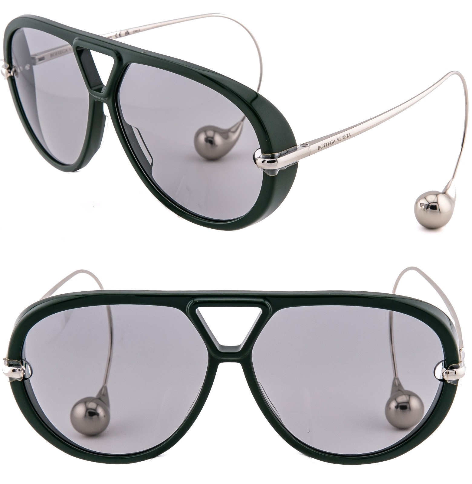 BOTTEGA VENETA 1273 DROP BV1273S Metal Silver Green Unisex Pilot Sunglasses 008