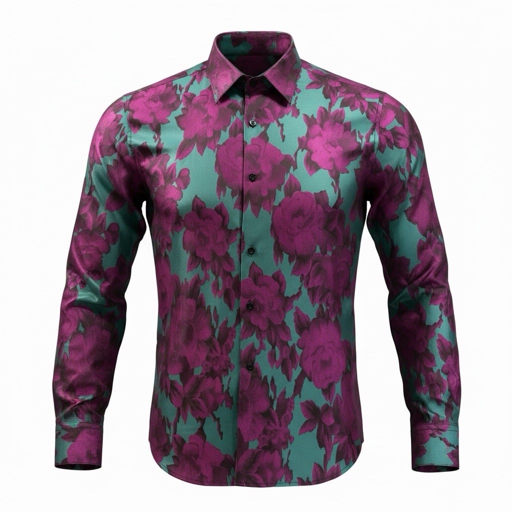 Barry Wang Men’s Teal Purple Dress Shirt Shiny Floral Button Up Small NWOT C68