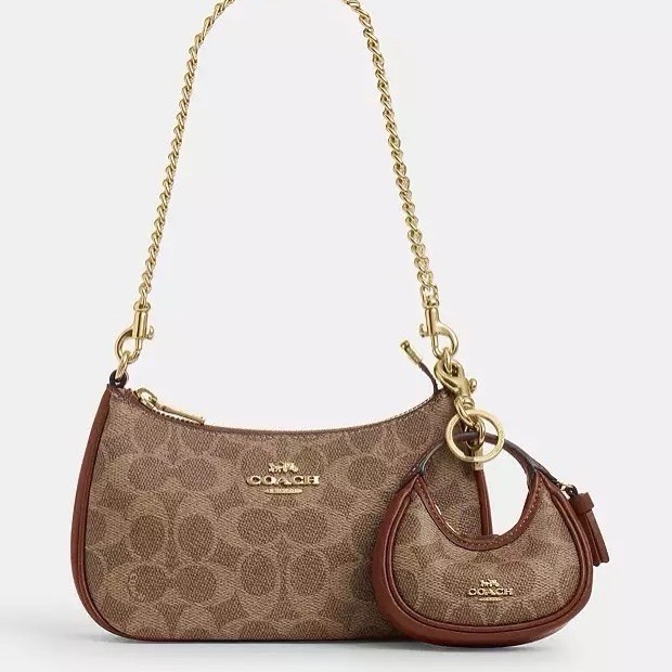 NWT Coach Mini Carmen Bag Charm In Signature Canvas Gold/Tan/Brown CBK67