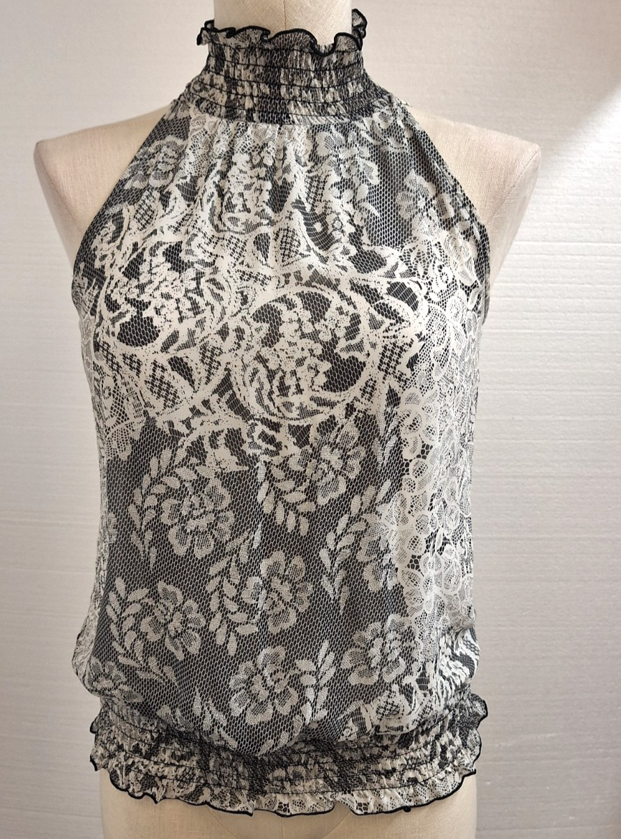 B-Wear Woman’s Size S Black/White Floral Sleeveless Smocked Hem High Neck Shirt